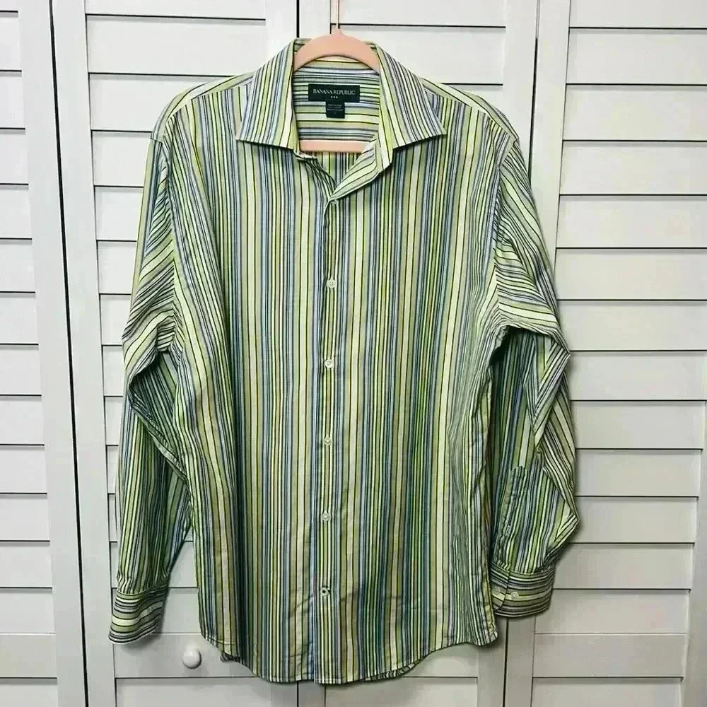 Banana Republic Long Sleeve Striped Button Down Shirt Size L Green, Blue & White